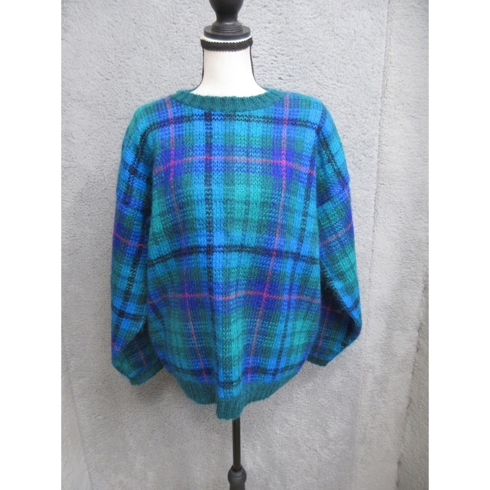 Vintage 90s Paul Harris Sweater Womens L Blue Plaid Tartan Mohair Blend Preppy